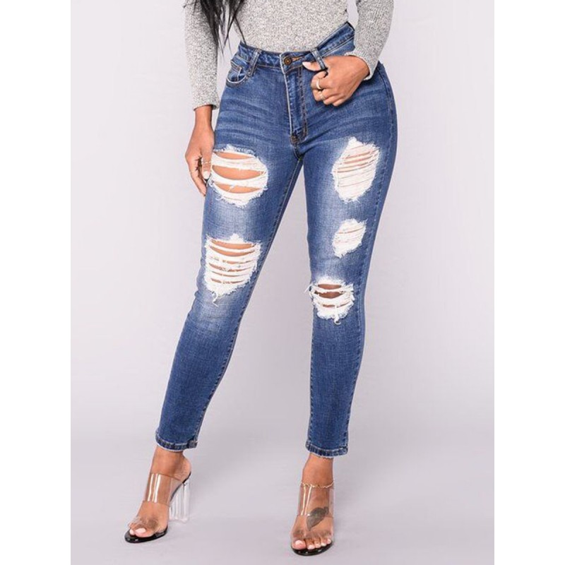 Worn Zipper Hole Button Women's Jeans