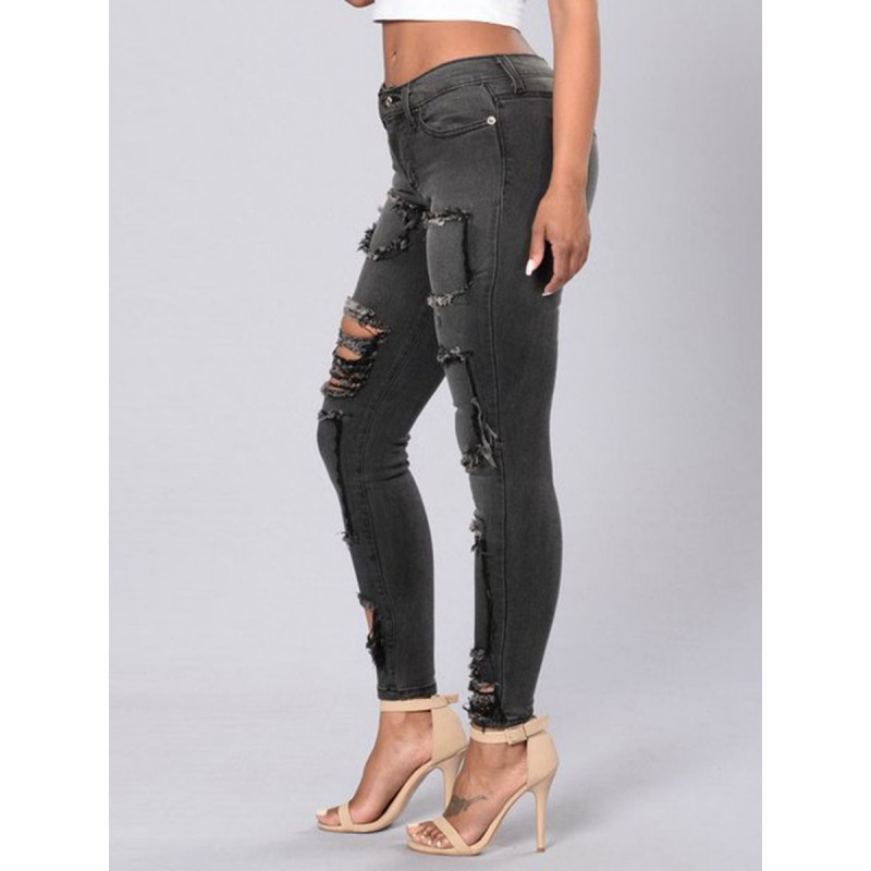 Patchwork Hole Worn Straight Women's Jeans