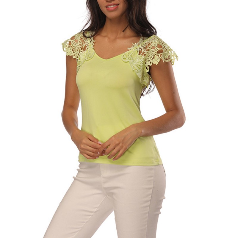 Women's Pure Color Lace V-Neck T-shirt