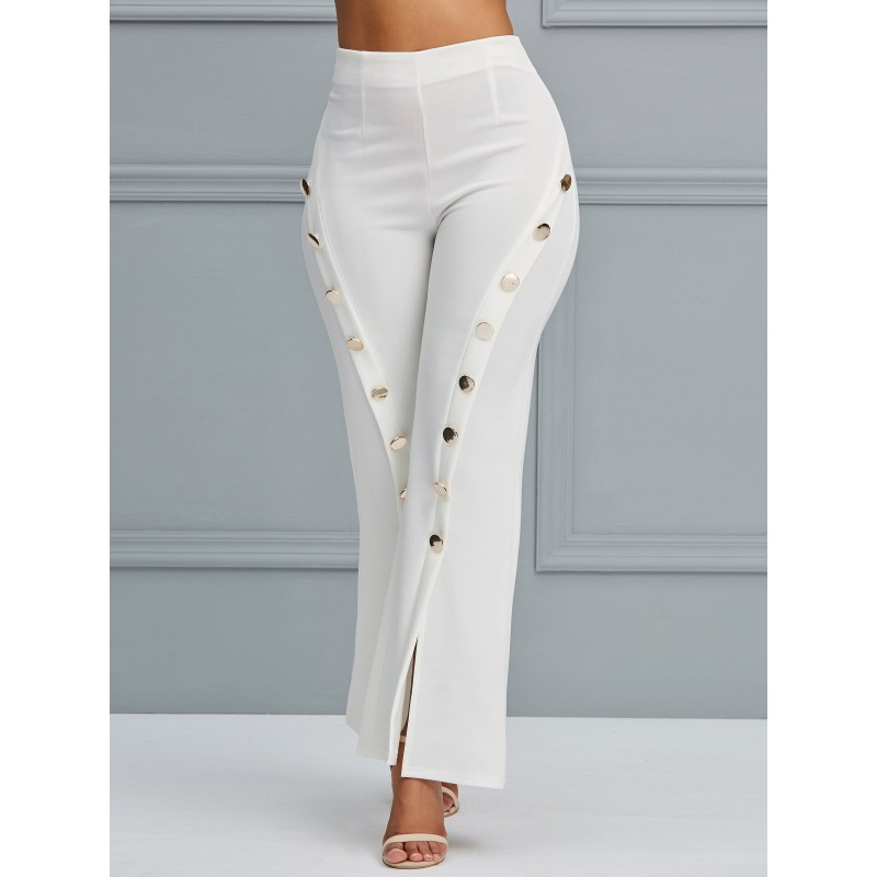 White Split Button OL Women's Casual Pants