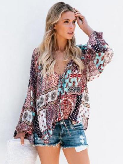 Floral Geometric Style Pullover Casual Blouse