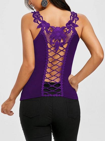 Pure Color Back Lace Hollow Out Tank Top