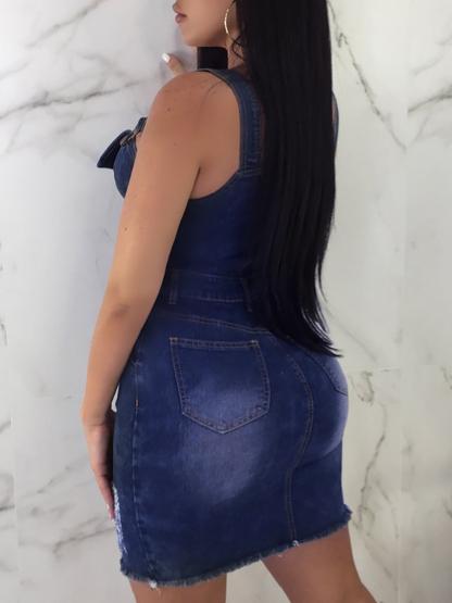 Attractive Sleeveless Deeo V-Neck Denim Bodycon Dress