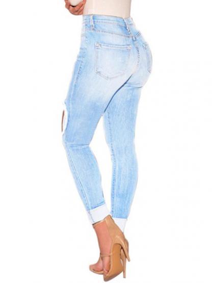 Hole Worn Button Plain Women's Jeans